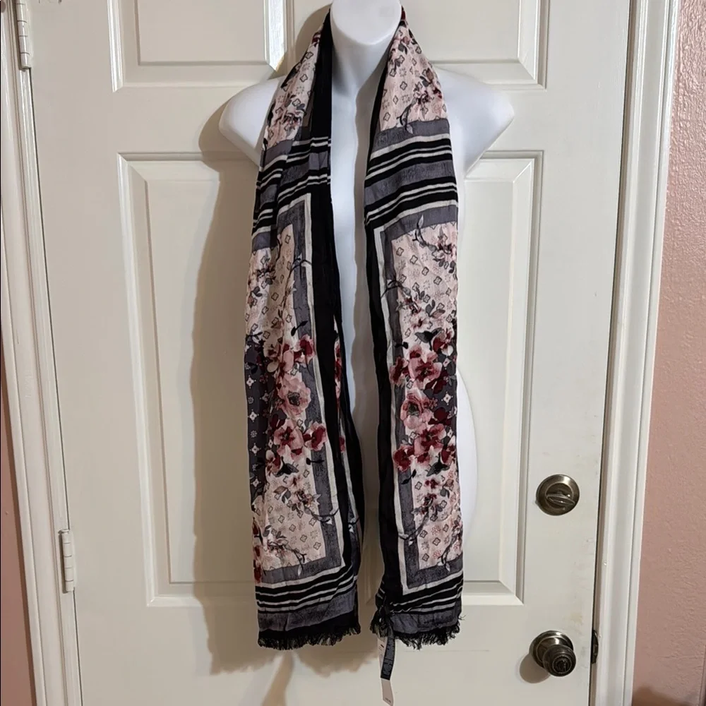 White House Black Market Cherry Blossom Floral Scarf in Black, Grey and Pink - Picture 1 of 9